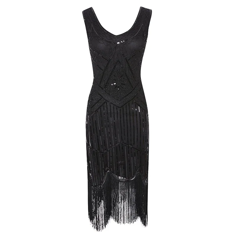 Women's Plus Size V-neck Sleeveless Flapper Dress Glitter Beaded Fringe Swing Roaring 20s Great Gatsby Sequin Tunic Dress