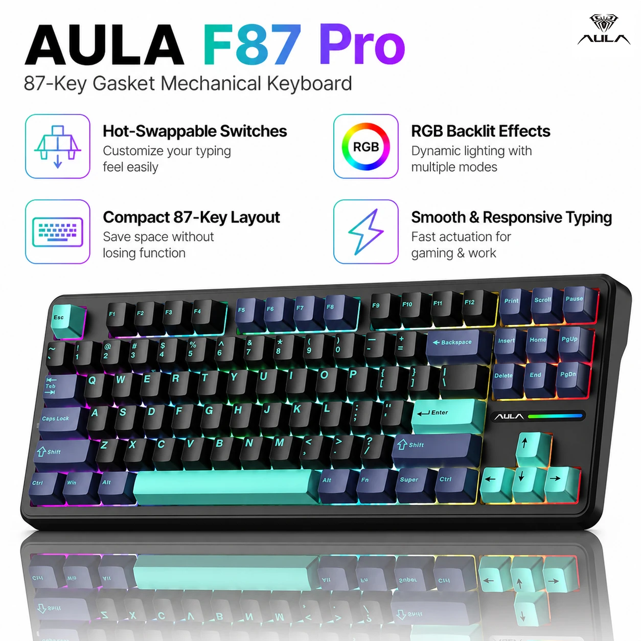 AULA F87 Pro Wireless Mechanical Keyboard TKL 87Keys Hot Swap Gasket RGB PBT Keycaps TriMode 2.4G BT USB‑C Gaming Keyboard