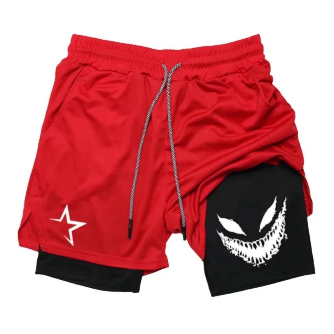 

Men's athletic breathable quick-dry training shorts with devil smile print, 2-in-1 performance ZY0001