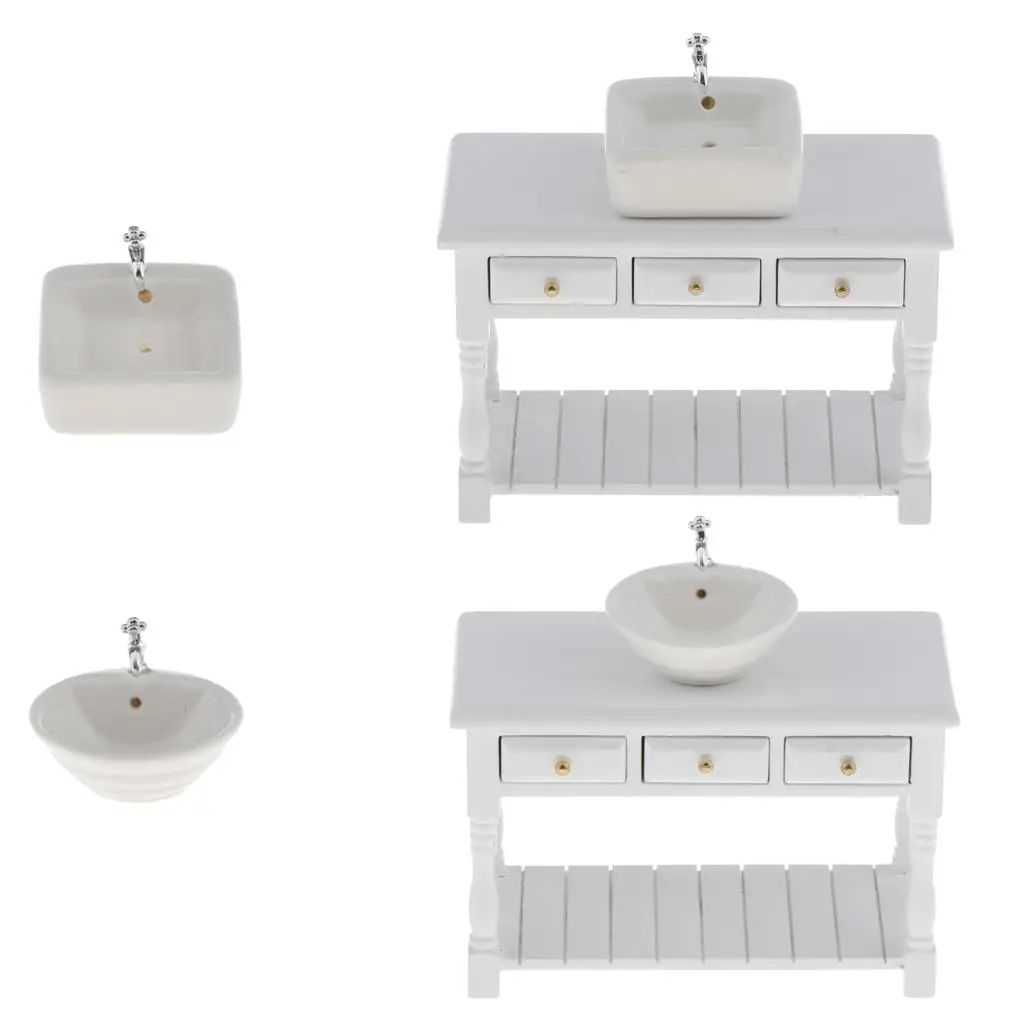 

1 12 Scale Miniature Ceramic Wash Basin Dollhouse Sink Cabinet Doll Miniature Accessories Bathroom Decor