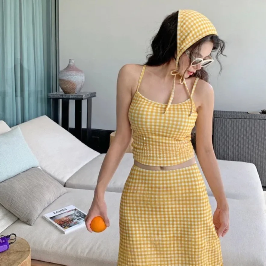 MiYA Women's Bikini Swimsuit Yellow Plaid Vintage Sle Beach Thermal Vaion Cover up Slimming Design Sport Fitn Fan Gear