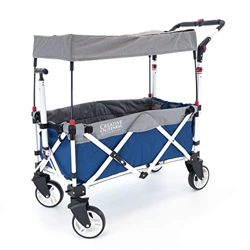 Collapsible Push Pull Stroller Wagon 150lbs Capacity Canopy Storage Pouches Brakes Silver Series Plus