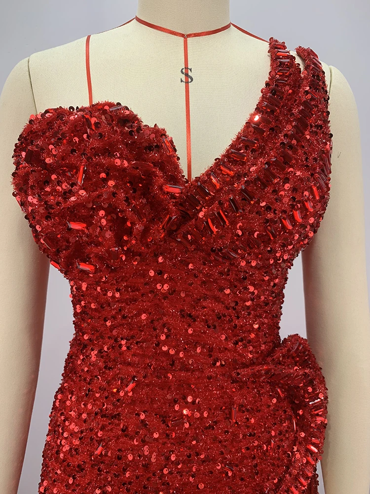 Sexy Deep V Neck 3D Flowers Crystal Design Maxi Dress Women Shiny Red Sequins High Split Ling Dresses Evening Party Gowns