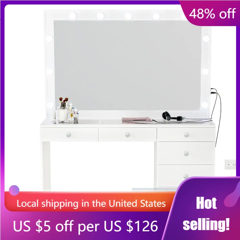 

Makeup Table, Built-in Light, 7 Drawers, Mirror, White Dressing Table in Bedroom, 58.2 '' High X 47.3 '' Wide X 16.9 ''