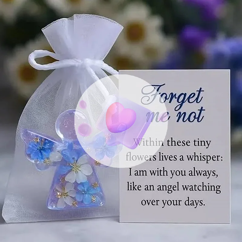 Sweet Forget Me Not Flower Angel Figur, Mini-Andenken aus Kunstharz mit Trauerkarte und Organzabeutel.