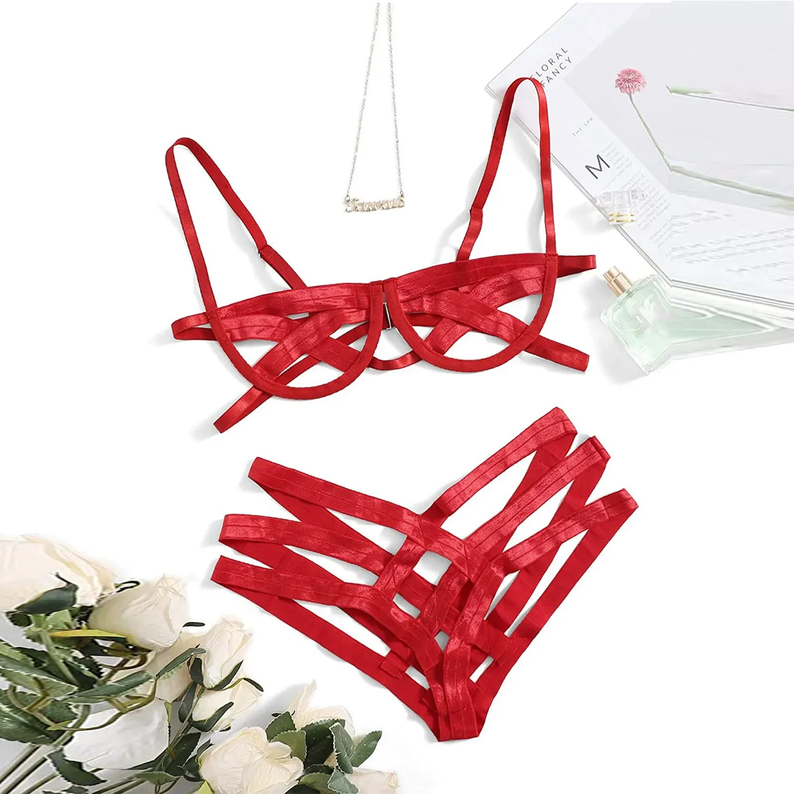 

Sexy Lingerie Women Pajama Bandage Bra Set Hollow Out Brassiere Suit Stretchy Red Sexy Lingerie Strap Underwear Erotic Lingerie