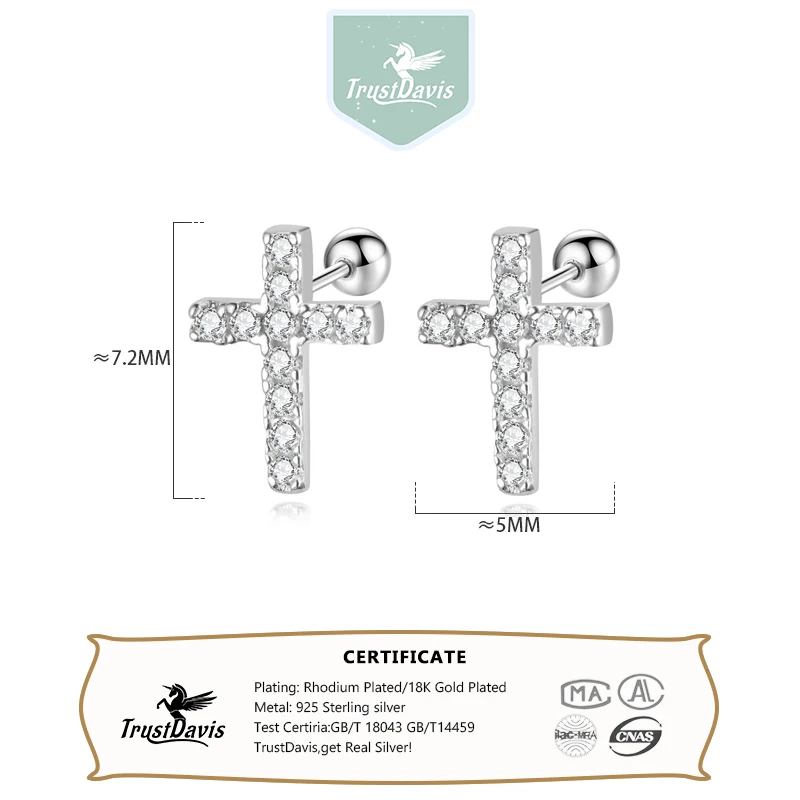 Trustdavis Real 925 Sterling Silver Sweet Cross Round CZ Screw Stud Earrings For Women Children Baby Girls Kids Jewelry DB1365