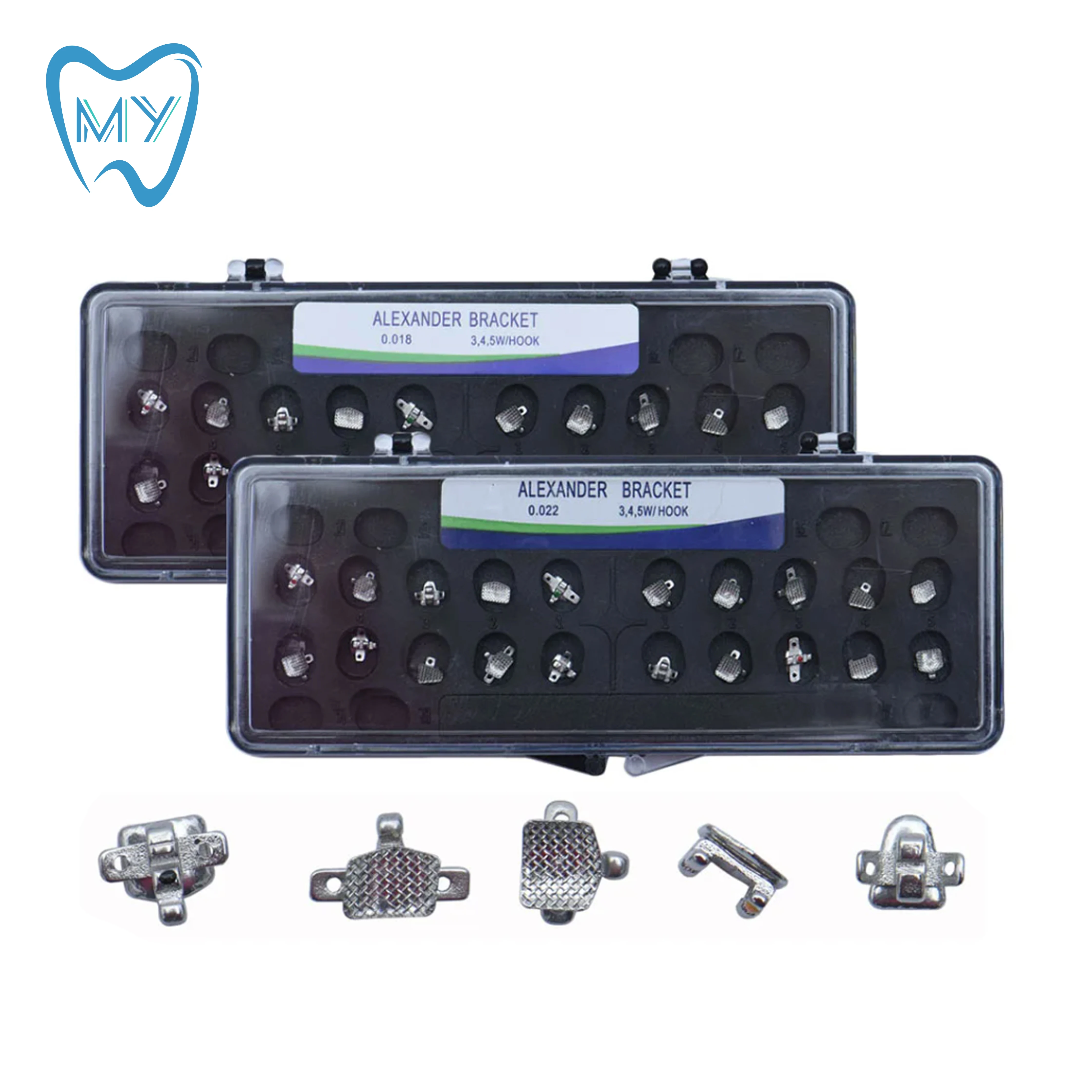 Soporte de ortodoncia Dental Alexander, soportes de dientes de Metal, Base de malla adhesiva MIM 018 022 ganchos 345, materiales de odontología, 20 piezas
