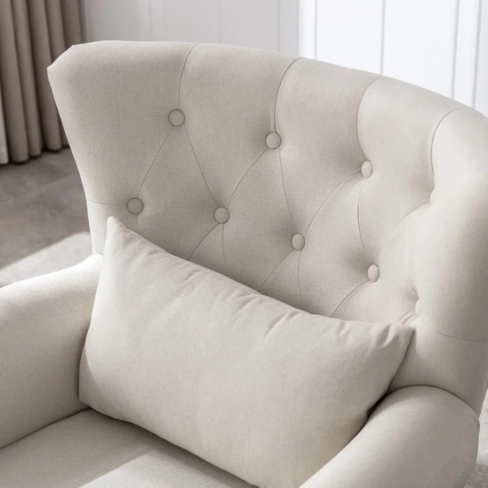 Chair with Ottoman, Armchair Comfy Linen Fabric Tufted Wingback Single Sofa with Ottoman for Bedroom Living Room, Beige