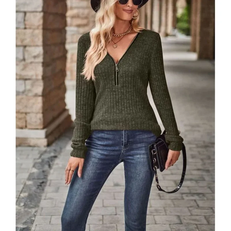 2023 New Autumn Fashion Solid Color Pit Striped Brushed V-Neck Panel Zipper Long Sleeve Temperament Women's Casual Sweater