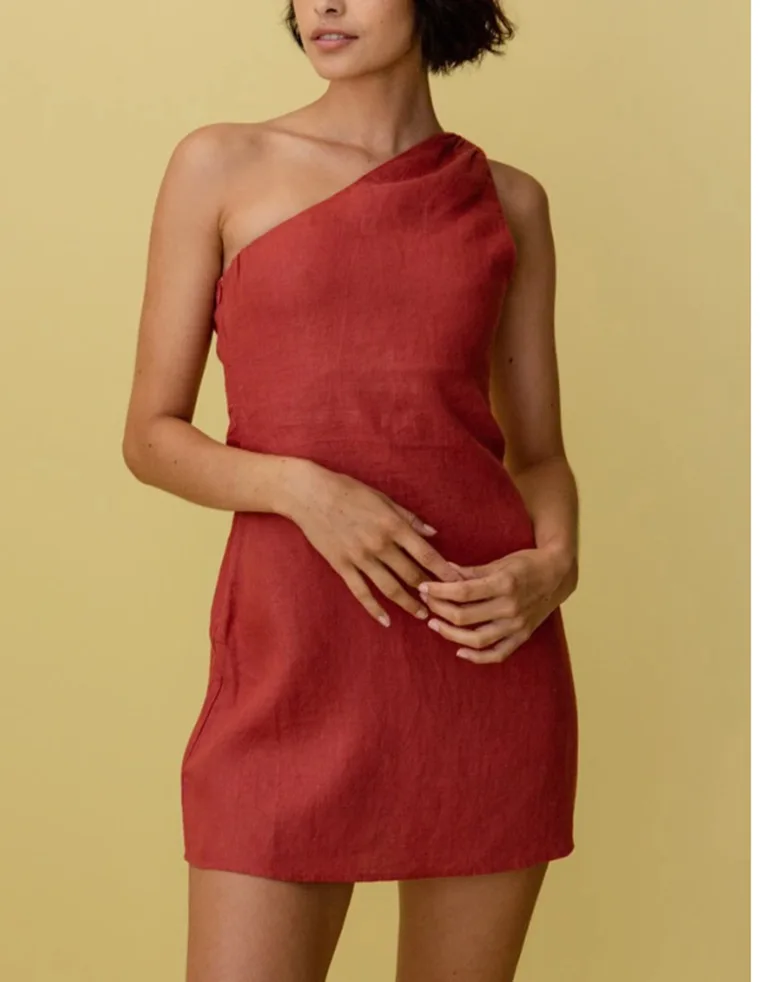 

One Shoulder Solid Color Mini Dress Guest Wedding Dress Formal Sleeveless Slim Fit Commuter Slant Shoulder Dress