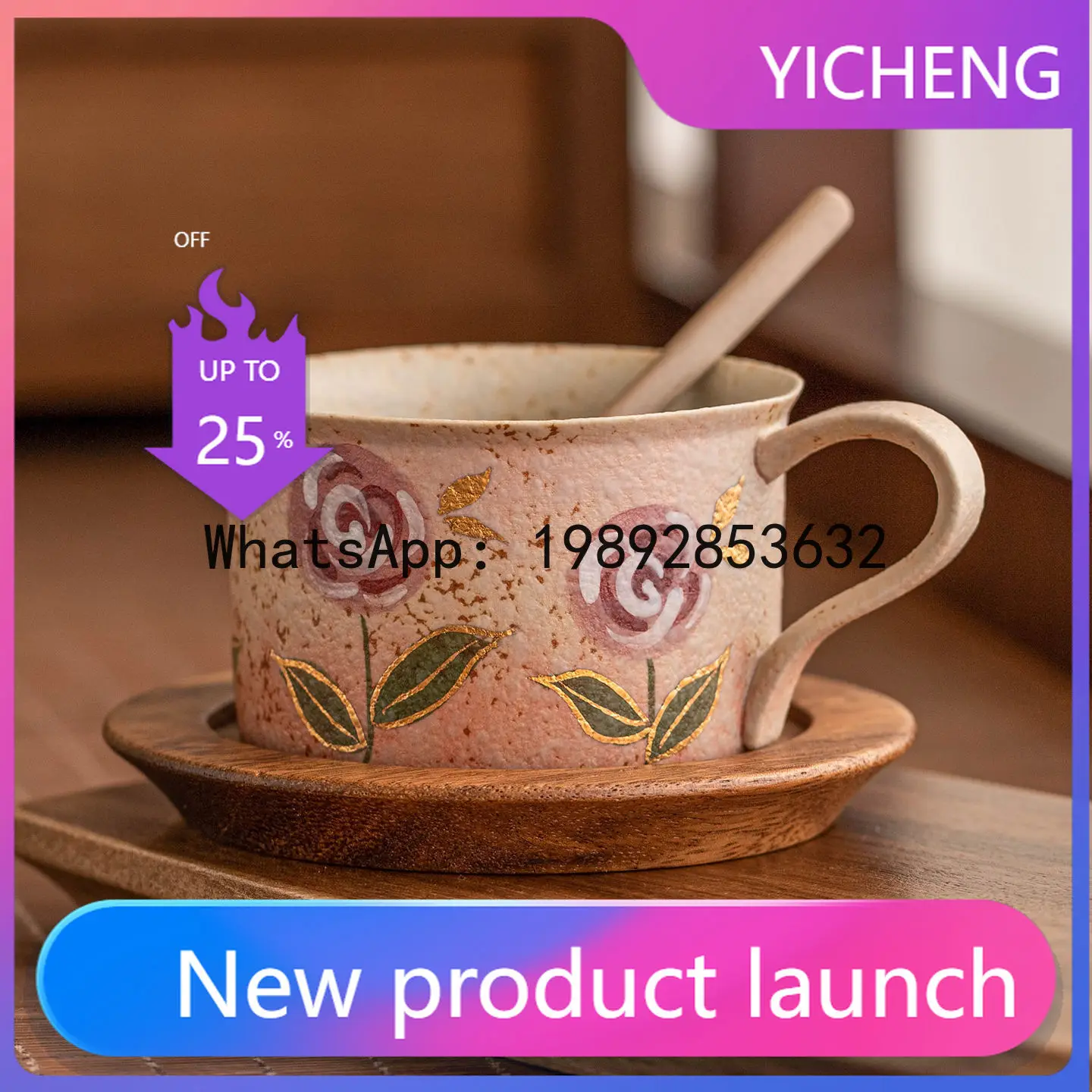 

X4-2 Blue and White Flint Red Coffee Mug Hand Painted Gold Painted Rose Ceramic Mug for Home Use