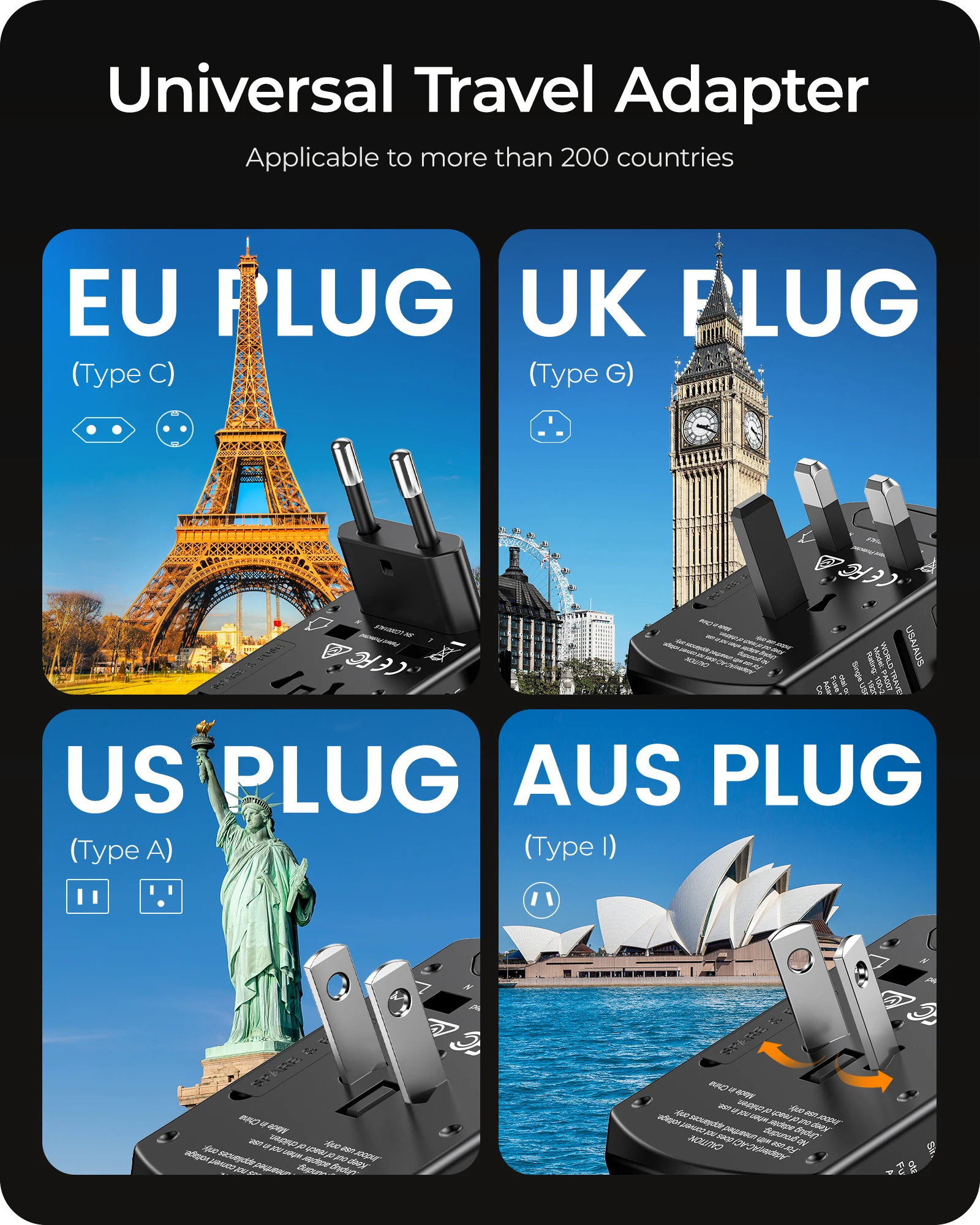 LENCENT Adaptador de viagem universal Adaptador de tomada internacional com 2 USB-C + 2 portas USB-A Carregador de parede para viagens UE Reino Unido EUA AUS