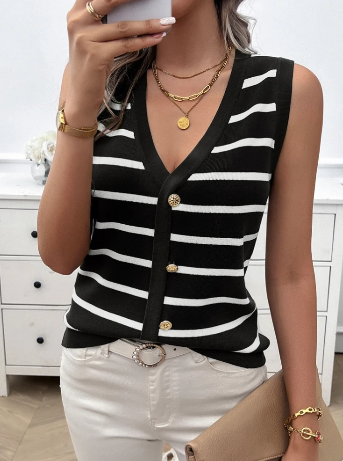 Women's Casual V-Neck Contrasting Striped Sweater, Women's New Sleeveless Knitted Cardigan Can Be Worn Inside The Top
