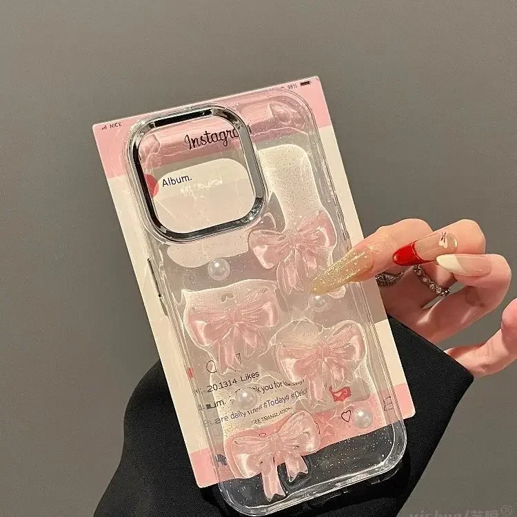 لطيف القوس اللؤلؤ الفتاة قضية الهاتف آيفون 11 12 13 14 15 16 برو ماكس بولي TPU Ins قبضة الهاتف القضية