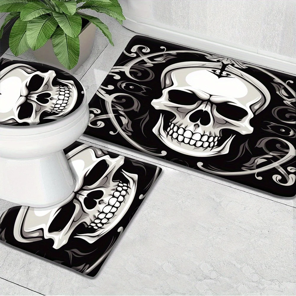 3Pcs Halloween Bathroom Rug Set with Spider Pumpkin Skeleton,Includes Small Bathmats,Washable Non-Slip Mats for Home Decor&Gifts