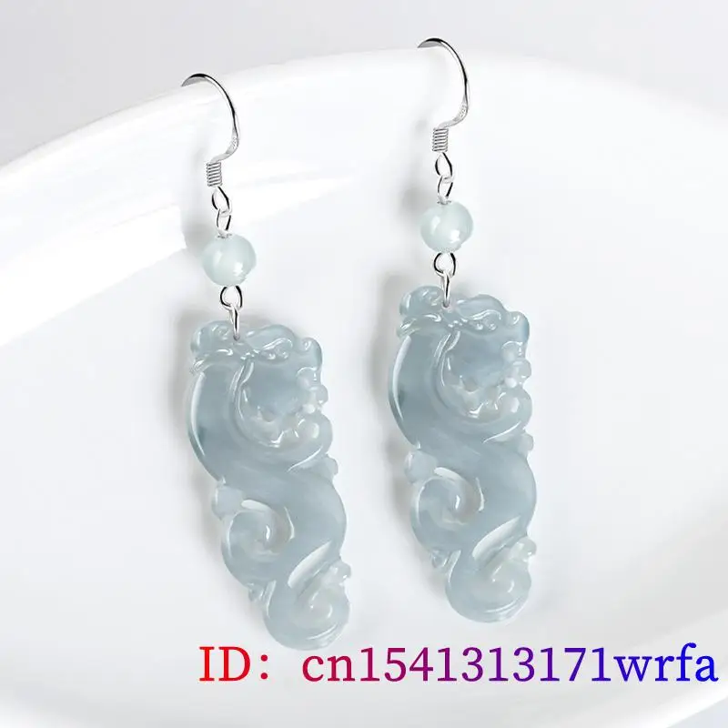 Blue Burmese Jadeite Dragon Earrings 925 Silver Gift Fashion Talismans Natural Jewelry Energy Gifts for Women Real Myanmar Jade