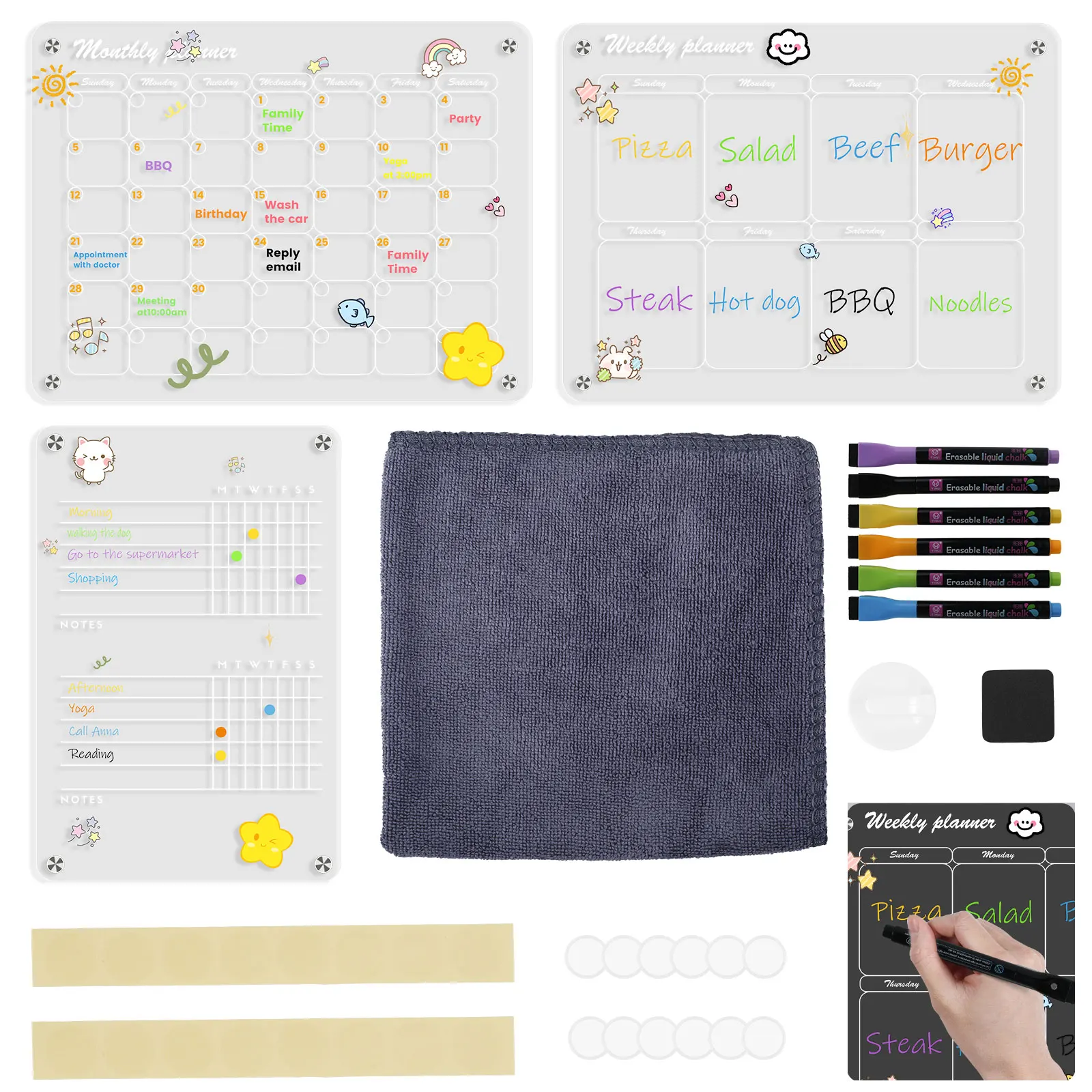 3Pcs Magnetic Fridge Calendar Transparent Acrylic Magnetic Planning Board Reusable Monthly Weekly Calendar Dry Erase Board