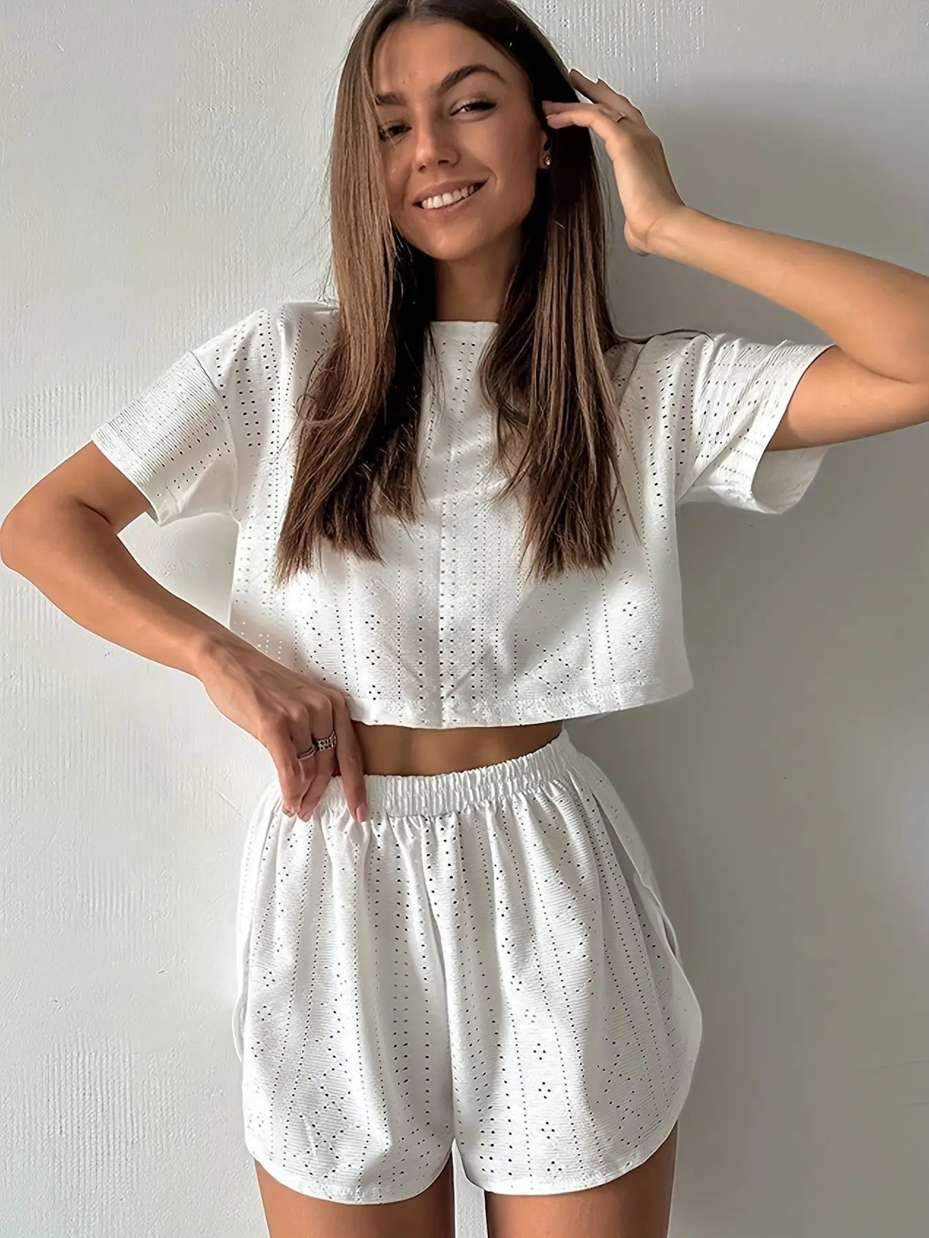 

Summer Women's Pajamas Set 2 Piece Short Sleeve + Shorts Breathable Loose Fit White Sleepwear Sexy Homewear Split Nightie