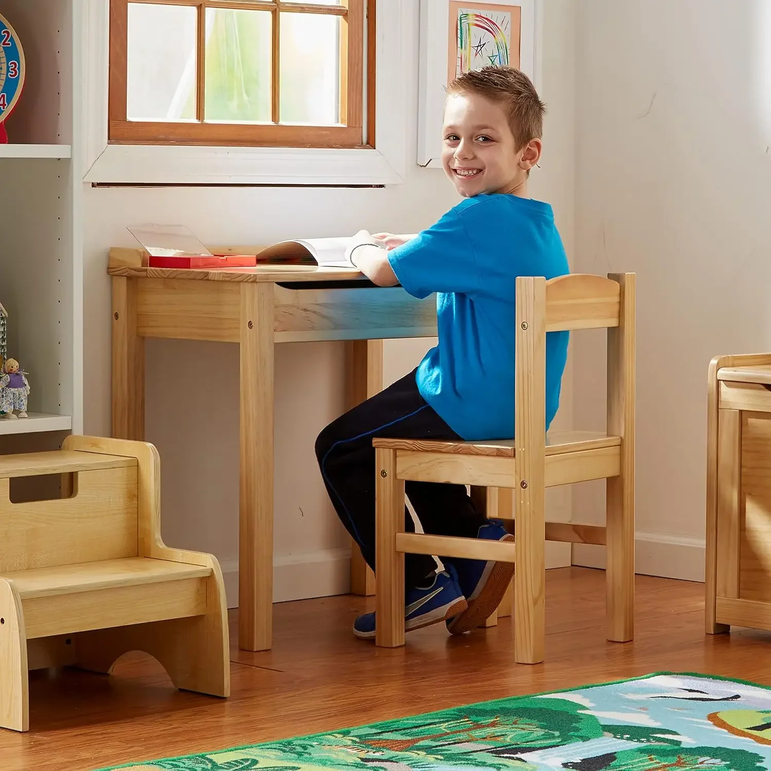 Doug Wooden Lift-Top Desk & Chair - Honey