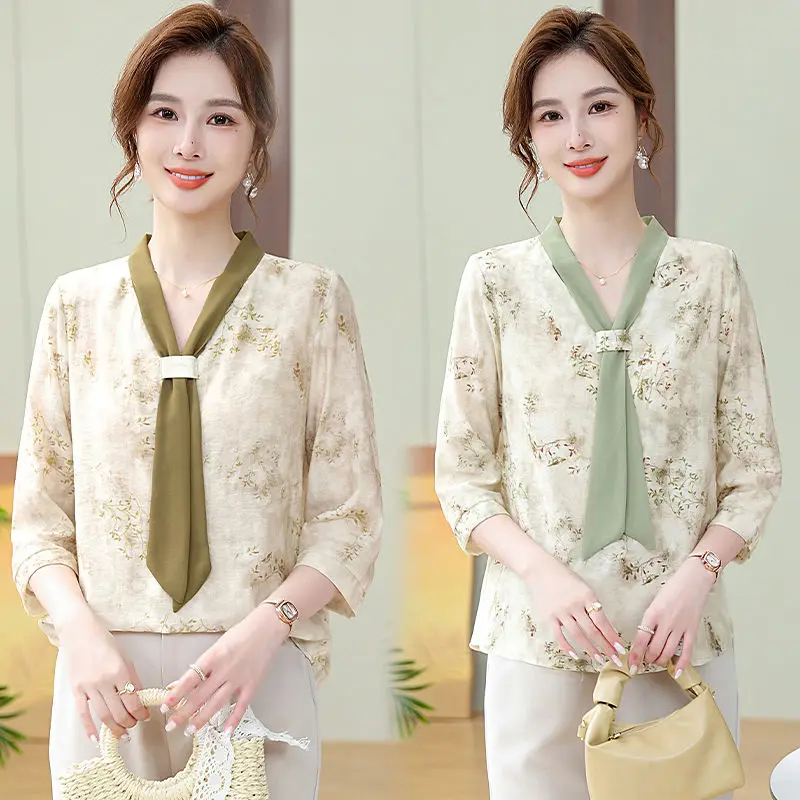

Summer Chiffon Blouse with Seven Sleeved Elegant Middle Aged and Elderly Women's Thin Style Temperament Top
