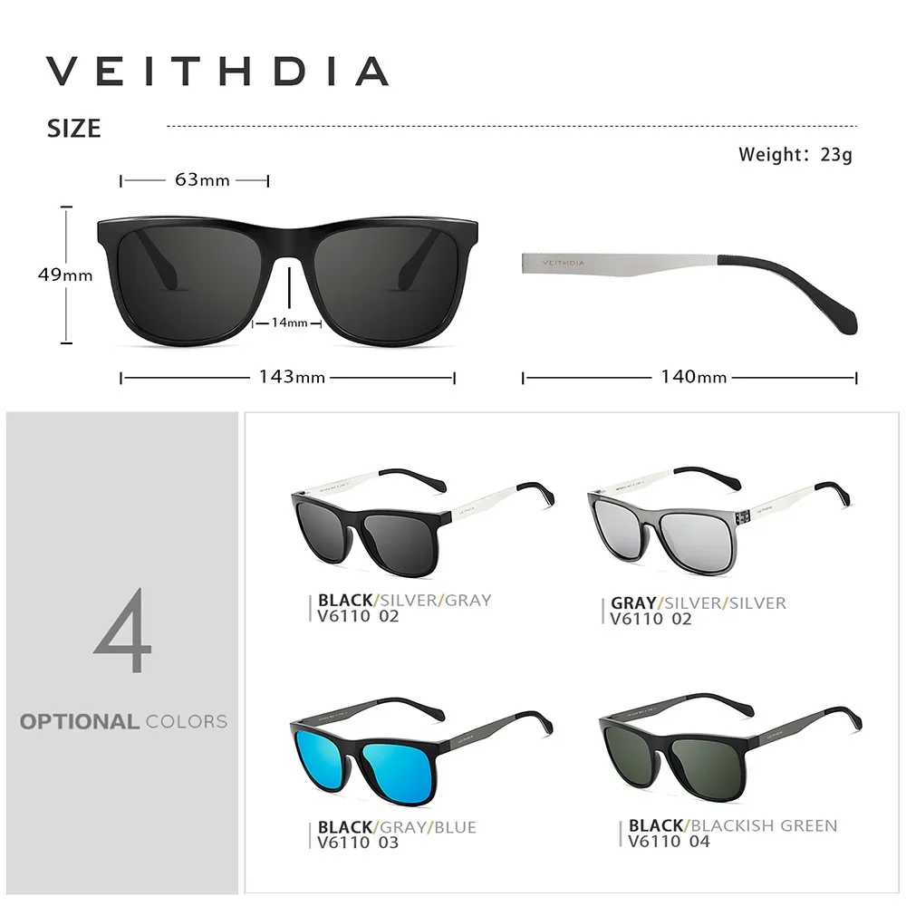 VEITHDIA Sunglasses Square Retro Vintage Polarized UV400 Lens Eyewear Sun Glasses For Men/Women Stainless Steel + TR90  VT611