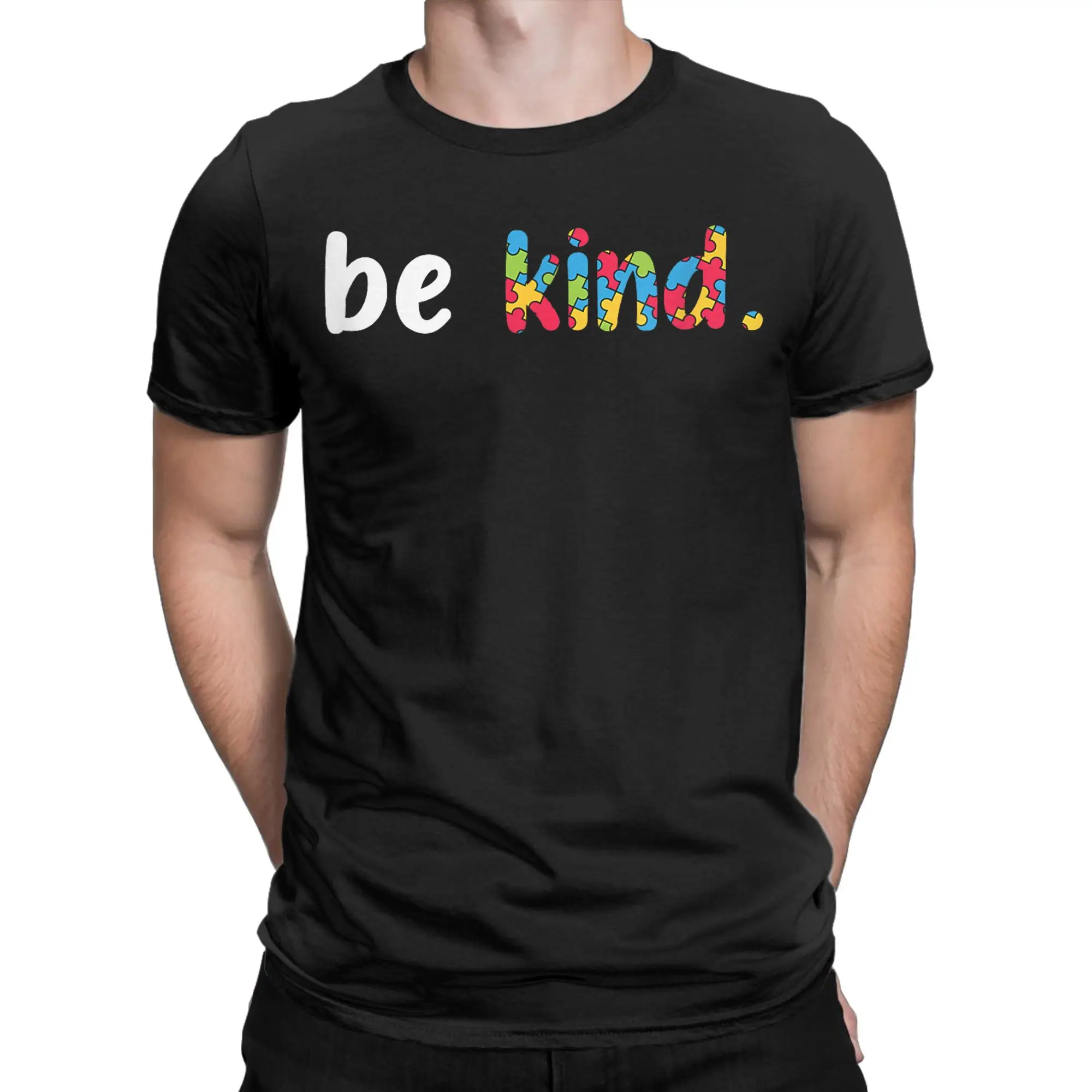 Autism Awareness Be Kind Colorful Puzzle Pieces T-Shirt Men  Crazy Cotton Tee Shirt Round Collar Short Sleeve T Shirt