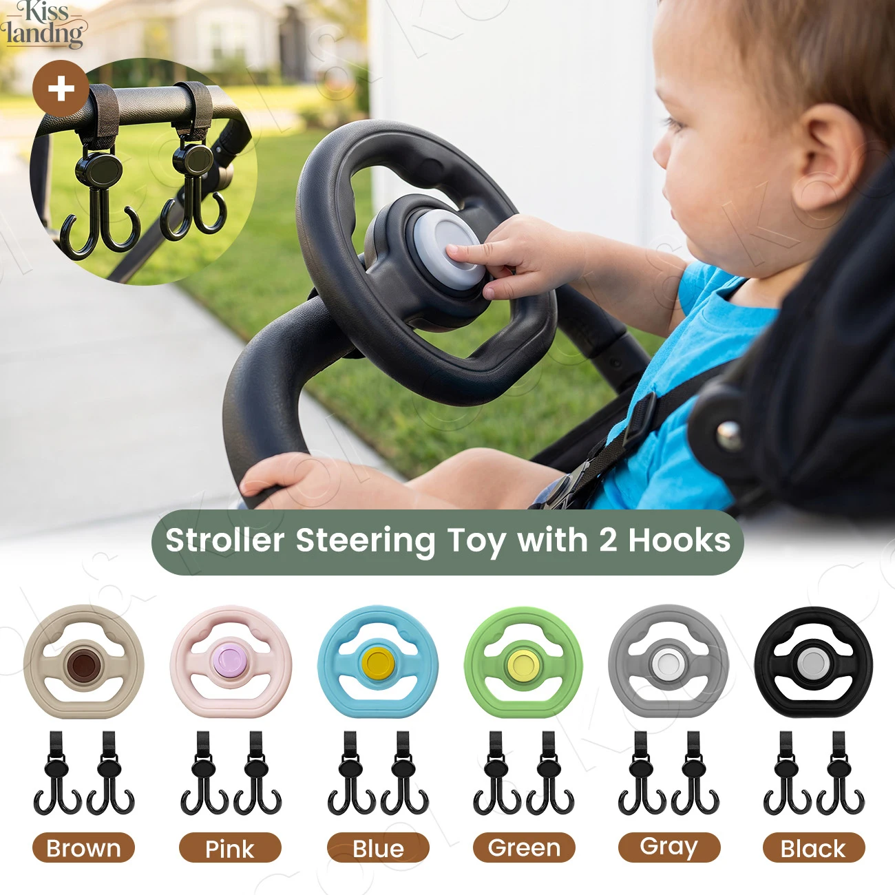 Baby Stroller Steering Wheel with 2 Hooks, Universal Stroller Accessories