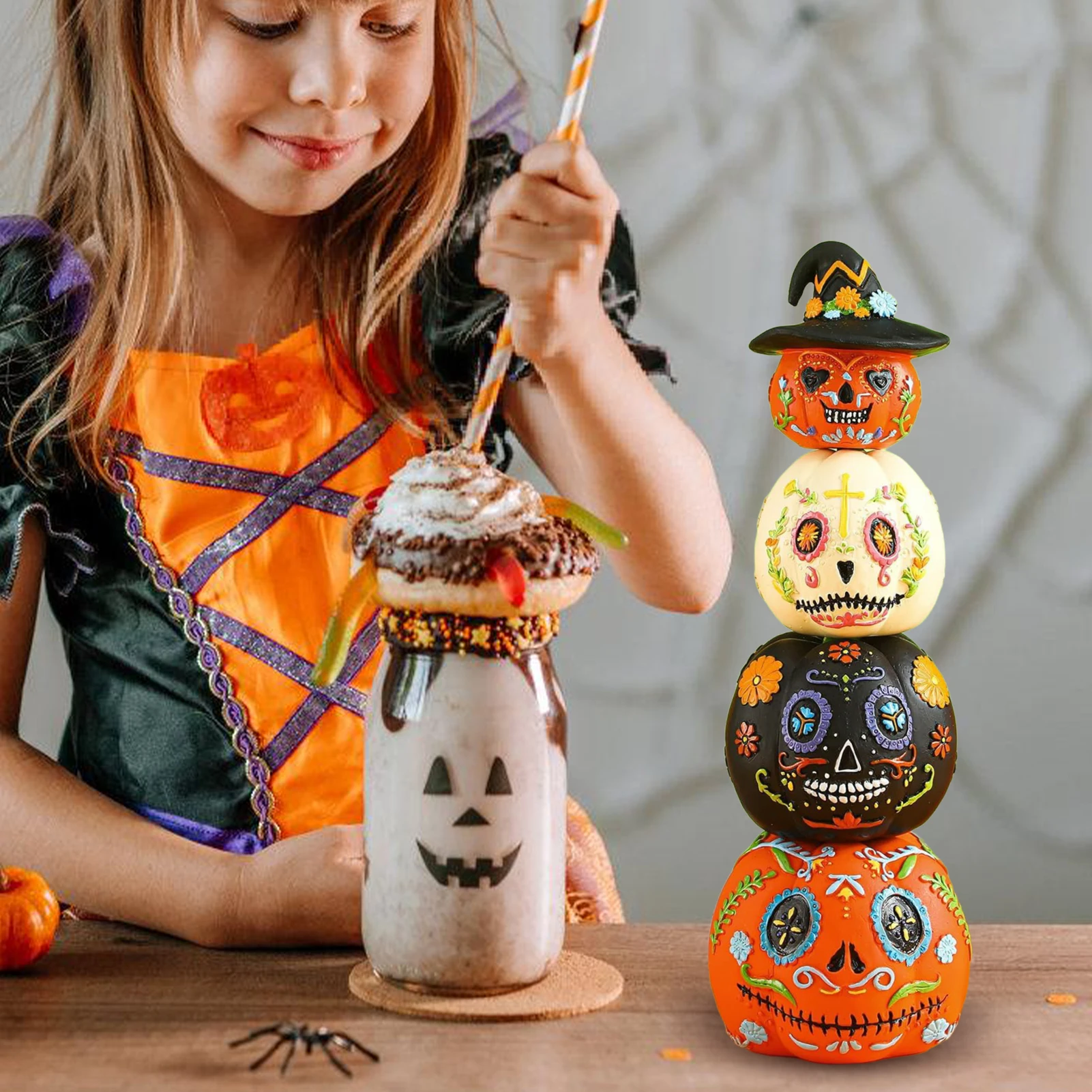 

Halloween Resin Stacked Pumpkin Decor Color Pumpkin with Multiple Expression Designs for Home Party Supplies Decor Creative Gift