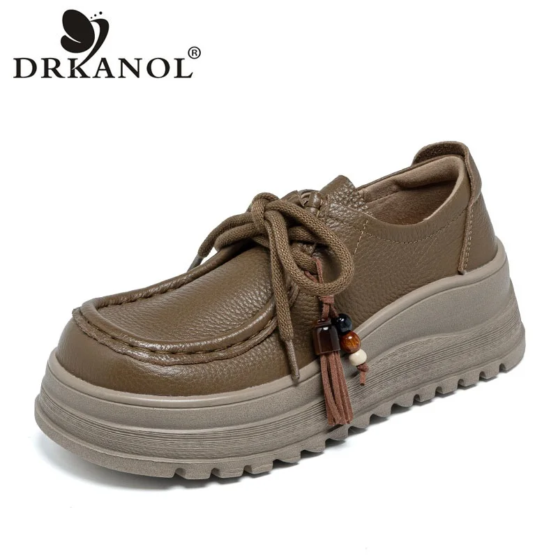 DRKANOL 2026 Women Wedges Heel Shoes Genuine Cow Leather Tassel Bead Lace-Up Thick Sole Platform height Increasing Casual Shoes