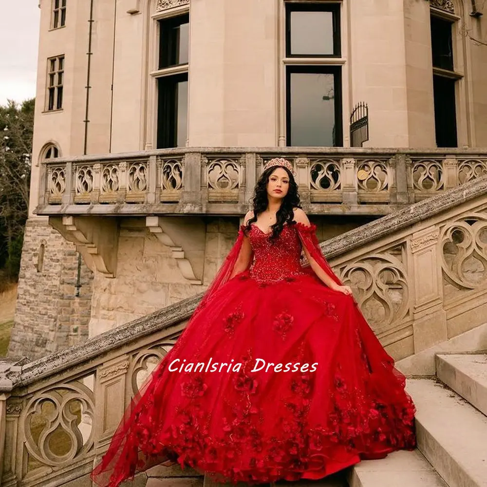 Vestido de quinceañera hecho a mano con flores, rojo, 3D, con capa, apliques de hombro, corsé de encaje, fiesta para 15 niñas