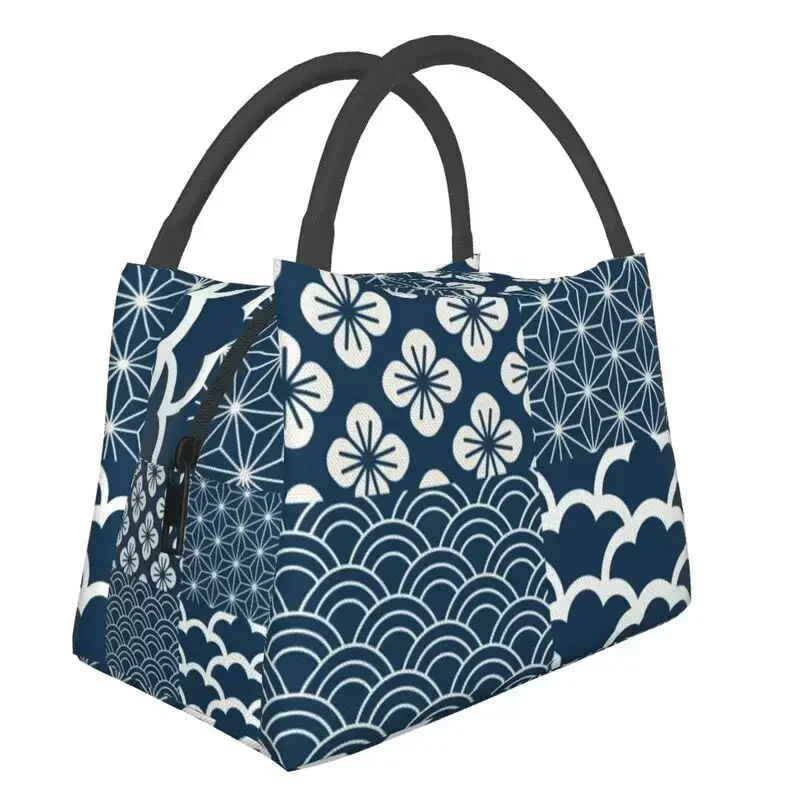 

Japanese Indigo Insulated Lunch Bag for Women Leakproof Kimono Pattern Thermal Cooler Bento Box Office Picnic Travel