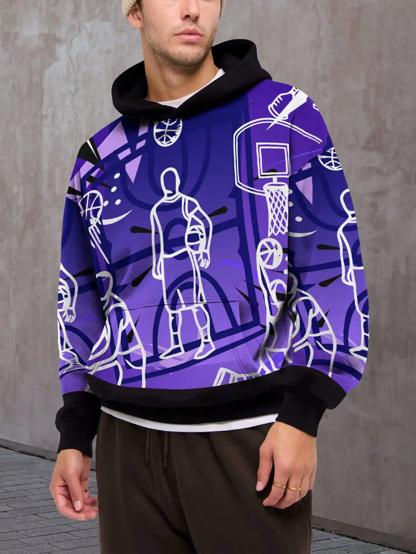 

High Street Style 3D Printed Hooded Purple Geometric Patchwork Hooded Sweatshirt Casual Street Style Pullover Hoodie Top