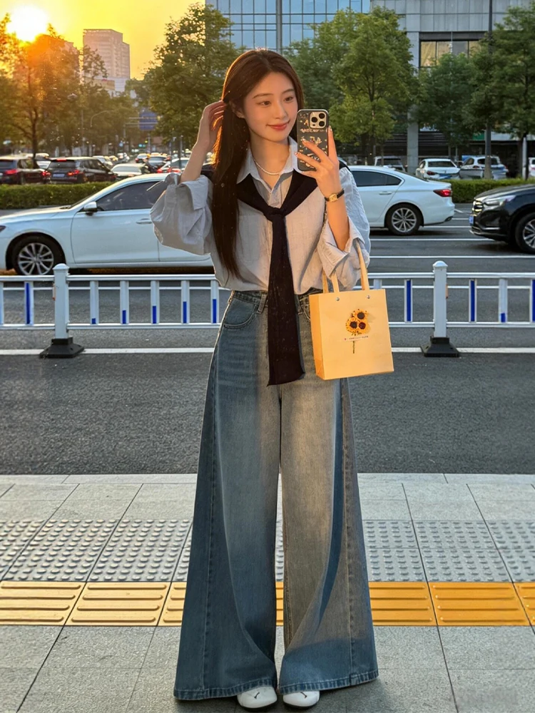 

Light Blue Denim Wide Leg Pants And Shirt Set Women's Early Spring Fashionable Comfortable High Waist Straight Cut Outfit