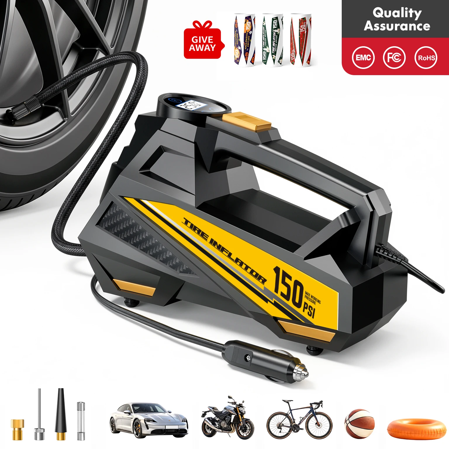 CARSUN Portable Car Air Pump 12V 150PSI Air Compressor Fast Inflation Auto Shut-off LED Light for Car Motorcycle Bicycle Ball CE