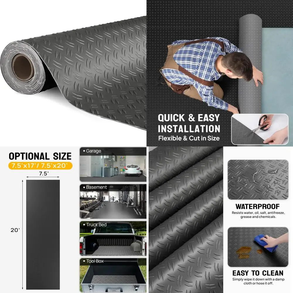 حصيرة أرضية جراج PVC سميكة من الألماس، 7.5 × 20 قدم، لفة أرضية متينة لمساحات السيارات والوقوف السيارات