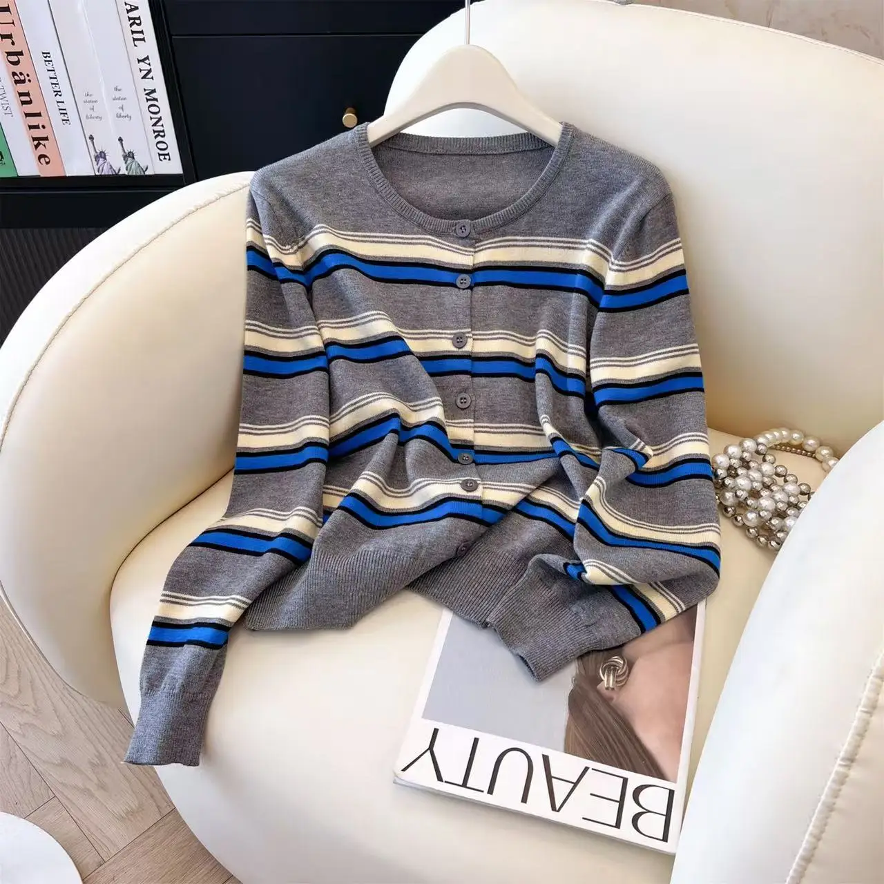 

Мягкий шерстяной вязаный открытый кардиган женский в полоску в стиле ретро Blo Camere Blend весна осень зима обычный све длинный р...