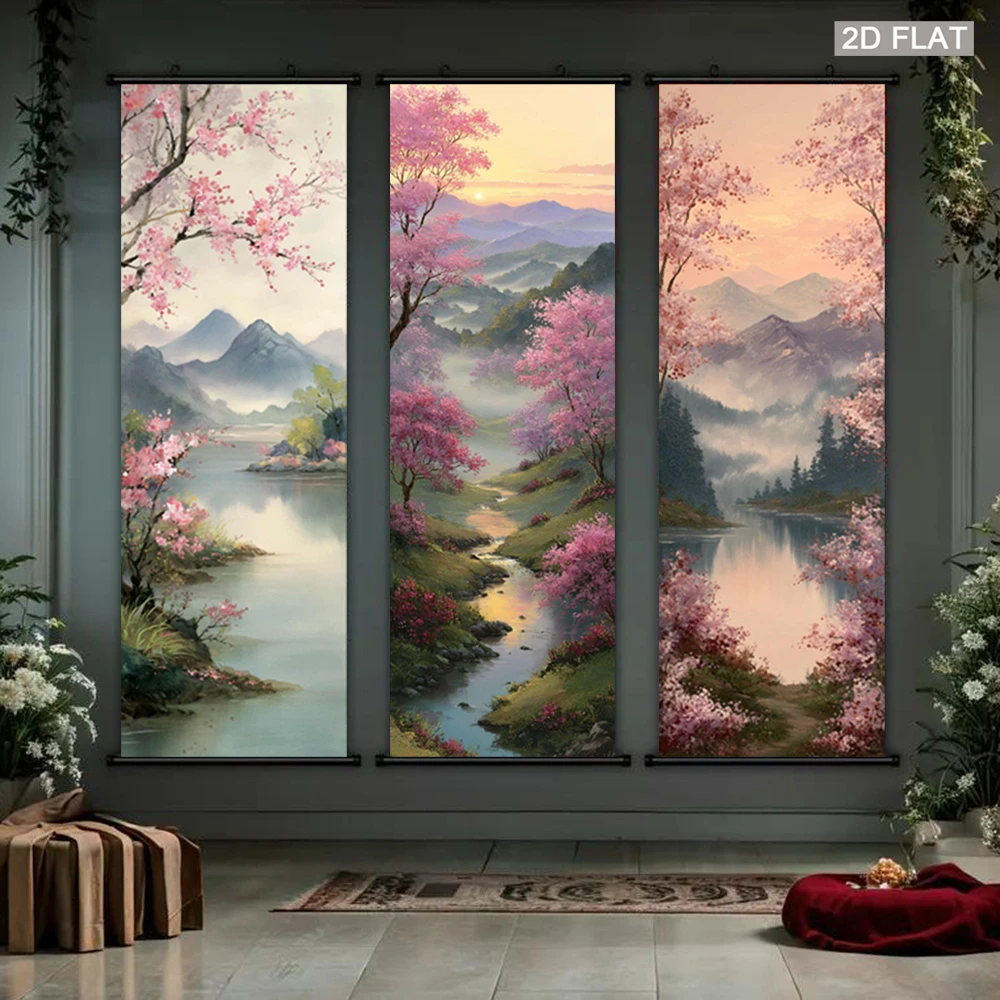 VIKAMA Chinese Style Cherry Blossom Tapestry, Mist Shrouded Sunrise Landscape Wall Scroll, Art Poster, Home Wall Hanging Decor