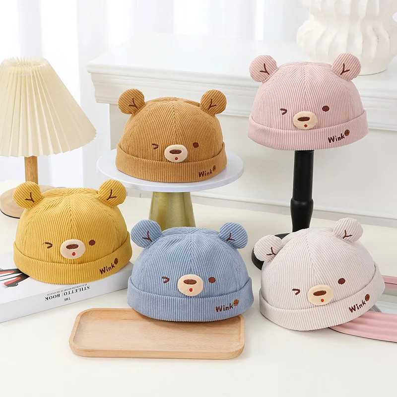 

Cute Bear Baby Landlord Hat Autumn Corduroy Kids Dome Brimless Cap Cartoon Children Docker Caps 6-24M Infant Solid Beanie Bonnet