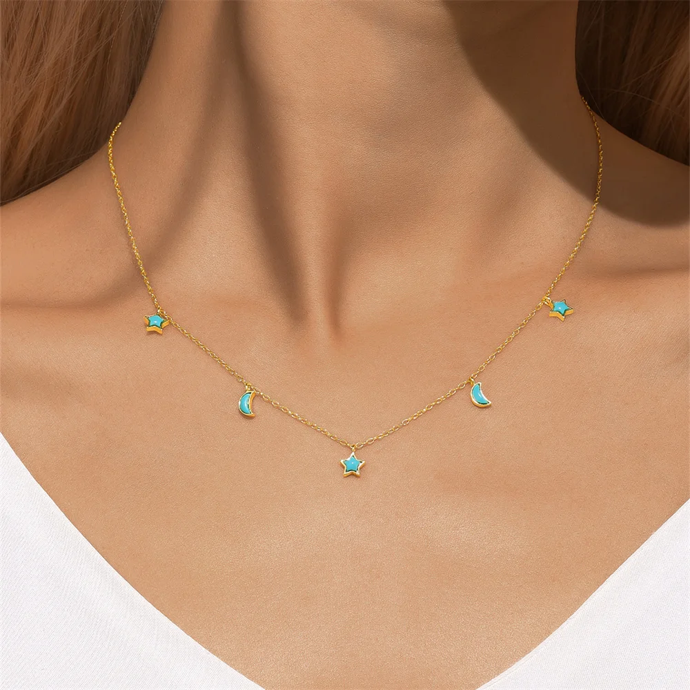 AIDE 925 Sterling Silver Retro Turquoise Pendant Chokers Necklace for Women Cute Small Moon Star Pendant Clavicle Necks Jewelry view 3