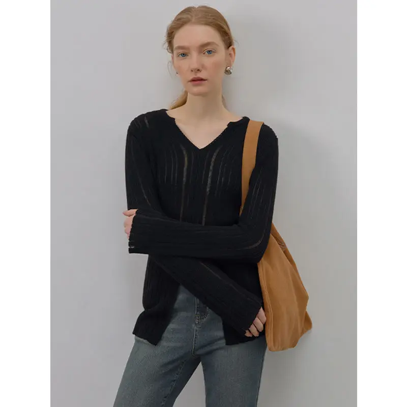 Winter Casual Long Sleeve Women Tie Dye Sweater Minimalist Slim V Neck Split Knit Pullover Ladies Clothing Tops 2023