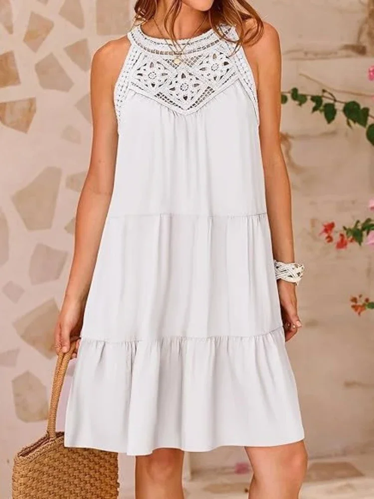 

Women White Dress A Line Mid Length Dresses Halter Sleeveless Beach Hollow Backless Boho Elegant Splice Casual Summer Vestidos