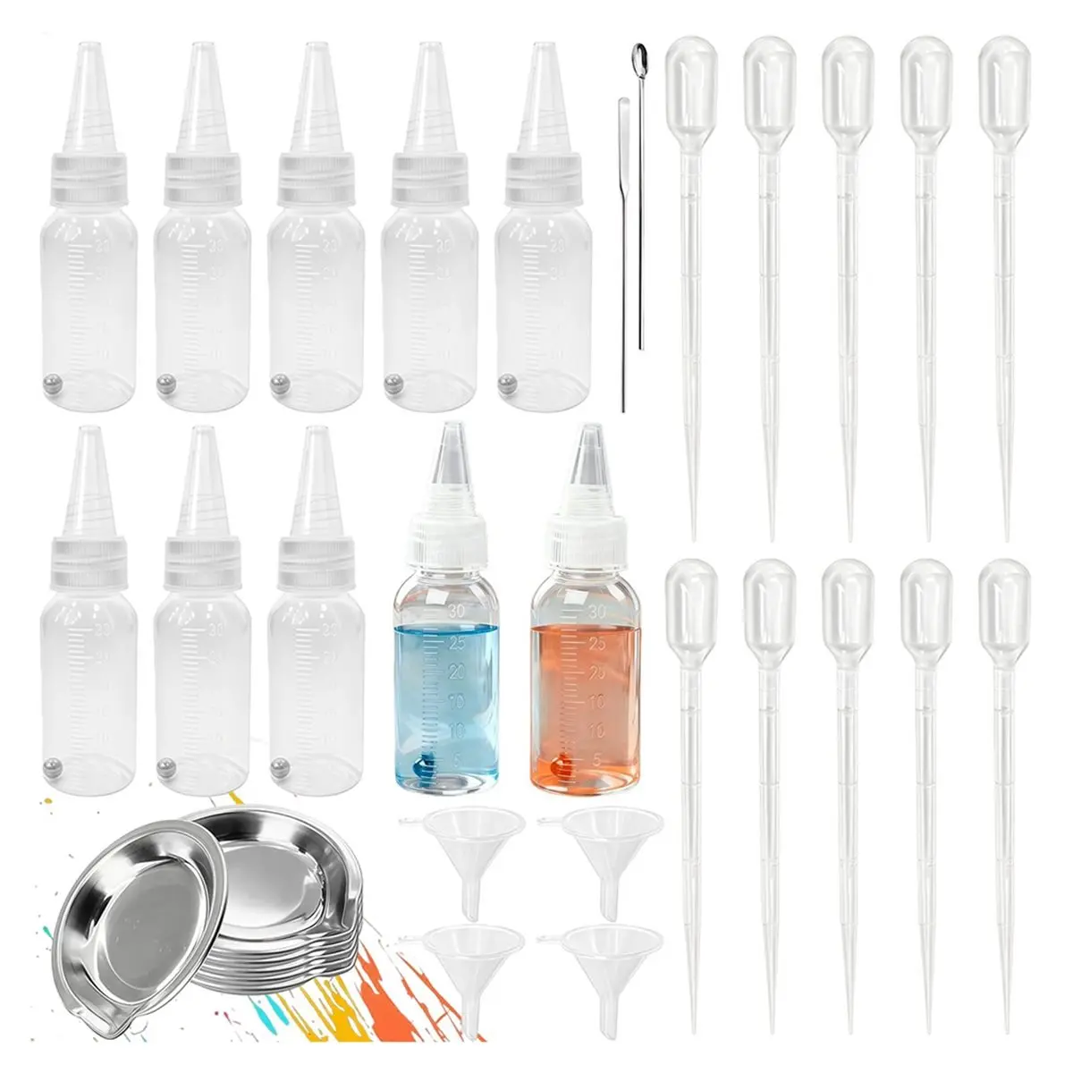 30ml Scale Marked Paint Mixing Bottle Kit with Palette Droppers Stirring Sticks Funnels for Airbrush Painting DIY Work