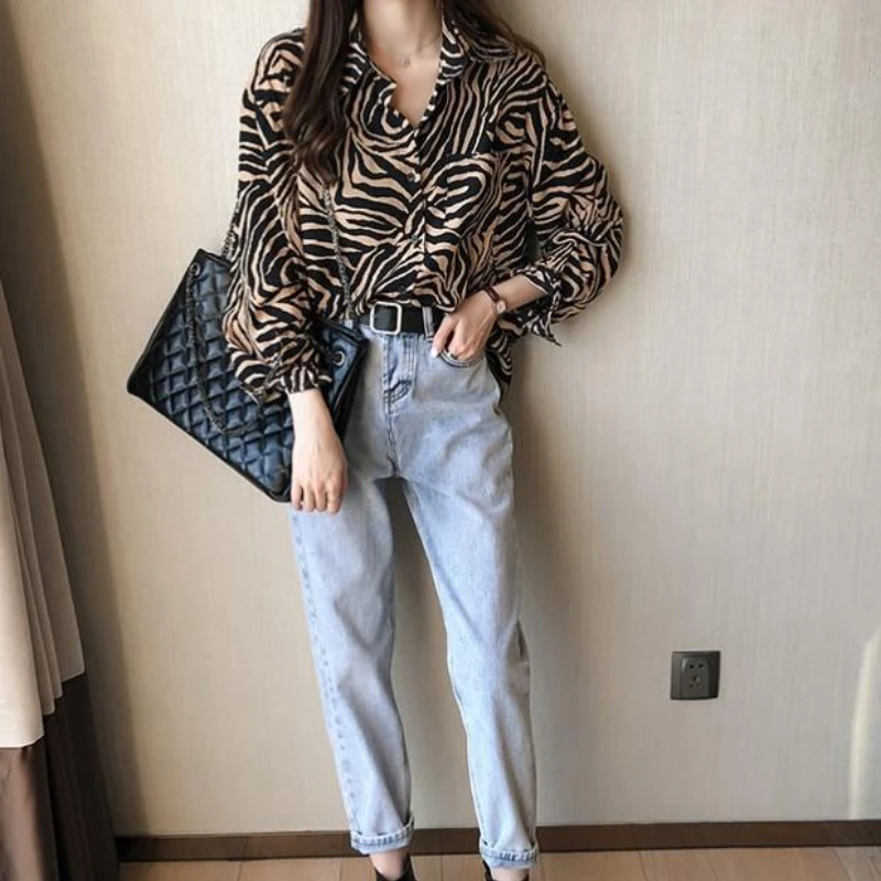 Long-sleeved Striped Shirt Women\'s Jacket Blouse 2024 Fashion Retro Zebra-stripe Turndown Collar Loose Shirts Blouses Women