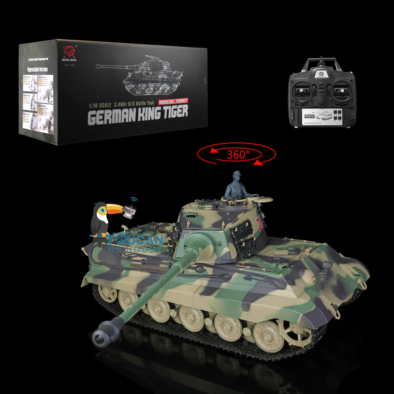 Tanque de plástico HENG LONG 1/16 FPV King Tiger RC 3888A 7,0 °, barril de torreta, retroceso para niños, ametralladora BB, regalos de Pellet TH17522, 360