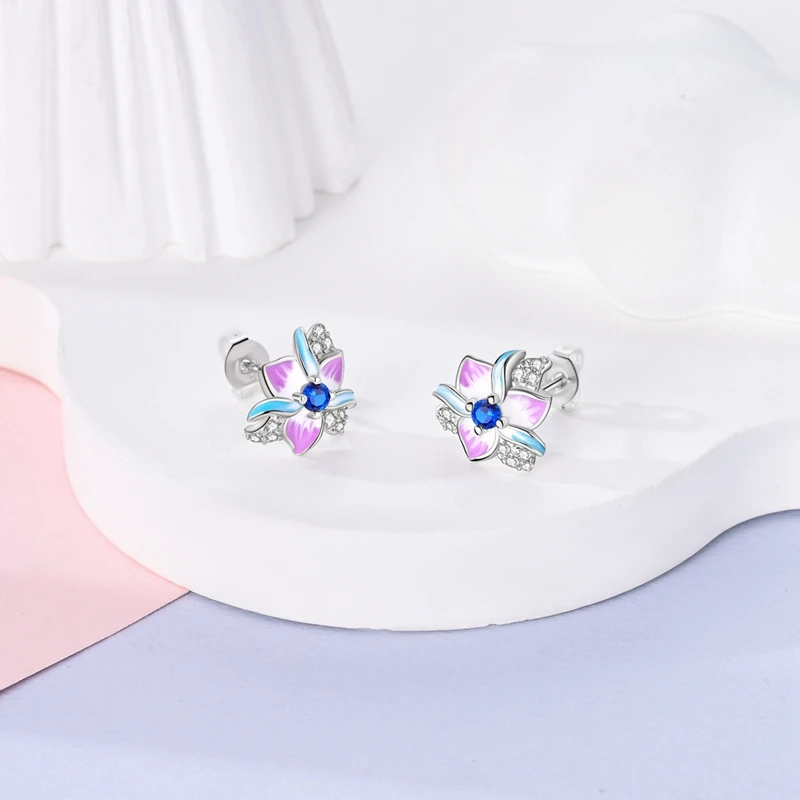 Boucles d'oreilles créatives en argent regardé 925 pour femmes, fleur bleue et violette, beaux accessoires de bijoux, fêtes d'appréciation