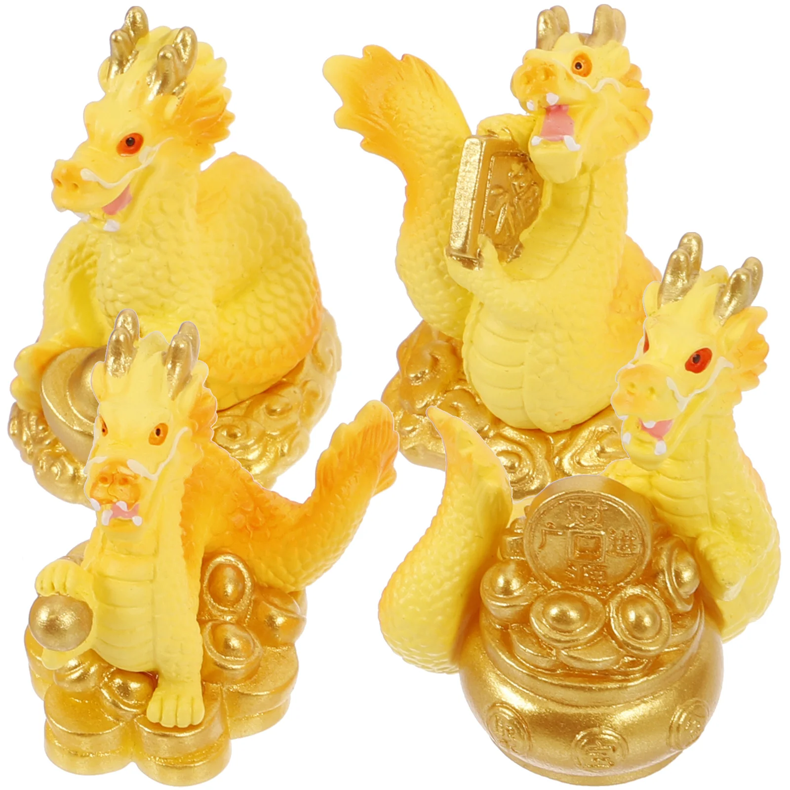 4 Pcs Toys 2024 New Year Dragon Ornaments Miniature Animal Figure Adornment Resin Desk Figurine Golden Desktop Tiny Statues