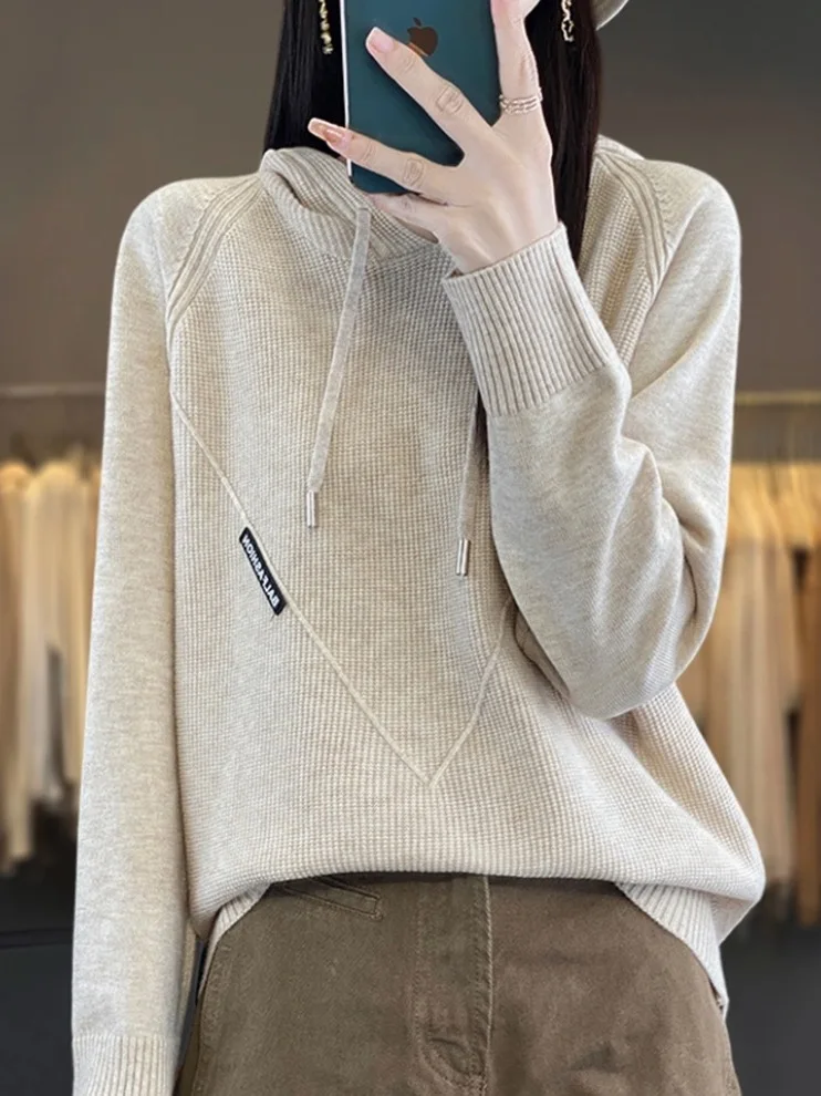 Lockerer Damen-Strick-Hoodie Thermal Irt Casual Sle Polyester und Camere Blend Long Sve Winter Faion Top