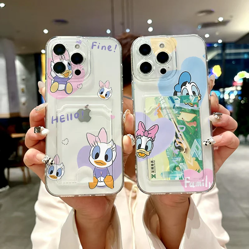 

Couple Donald Duck Daisy Disney Phone Case for iPhone 11 12 13 14 15 16 Pro Max Plus X XS XR Mini Cartoon Card pocket Cover