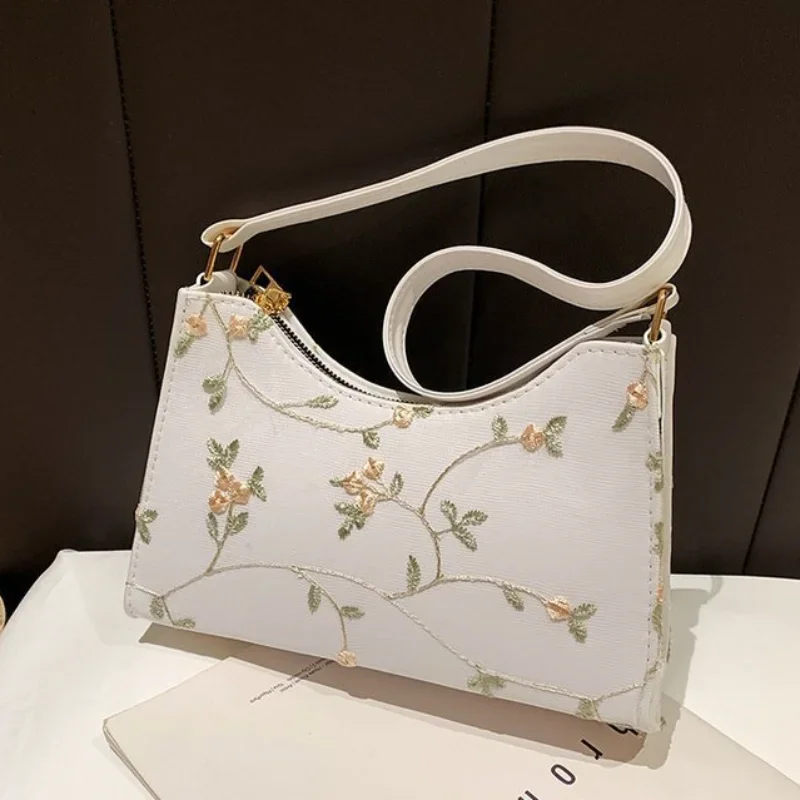 Summer Lace Flower Stitching Women\'s Shoulder Bag 2023 Soft PU Leather Underarm Bags Beach Travel Handbag Girls\' Small Handbag